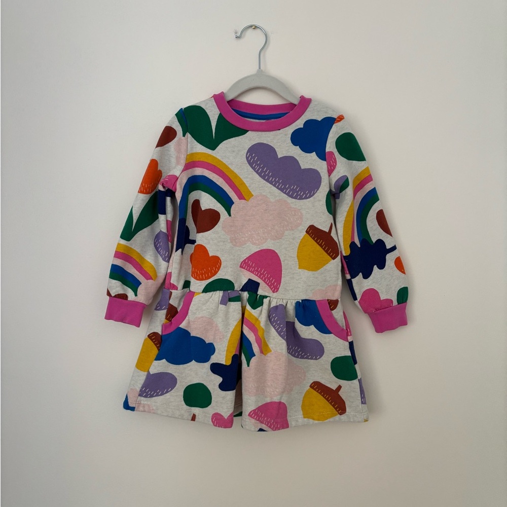 Mini Boden Multicolor Rainbow & Cloud Print Dress (Pink Trim)